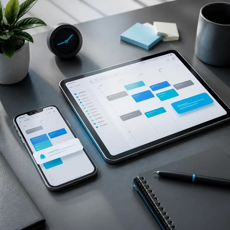 Tablet e celular exibindo uma agenda digital em uma mesa organizada