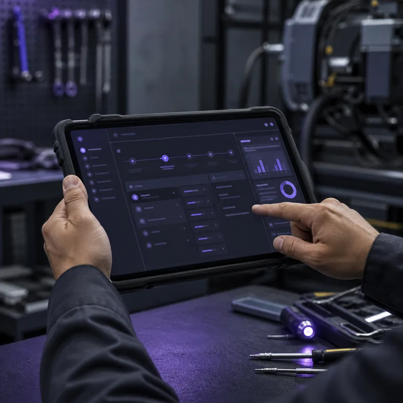 Técnico utilizando tablet com painel de ordens de serviço