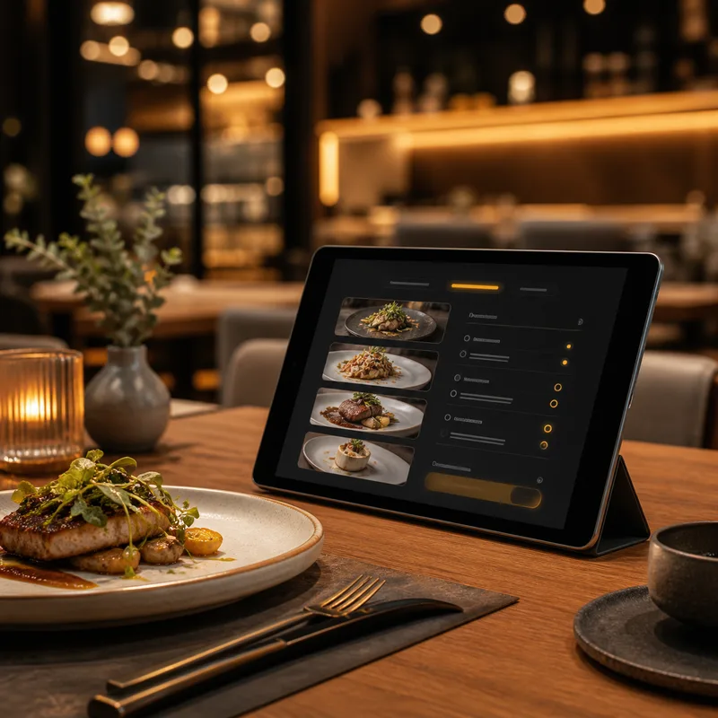 Mesa de restaurante com prato e tablet exibindo cardápio digital