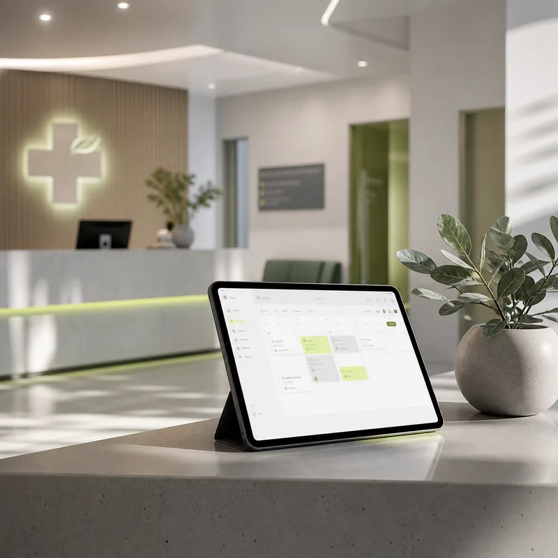 Recepção moderna de clínica com tablet exibindo uma agenda digital